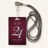 Burgundy 21st Birthday Silver Glitter VIP Badge (Voorkant met draagriem)