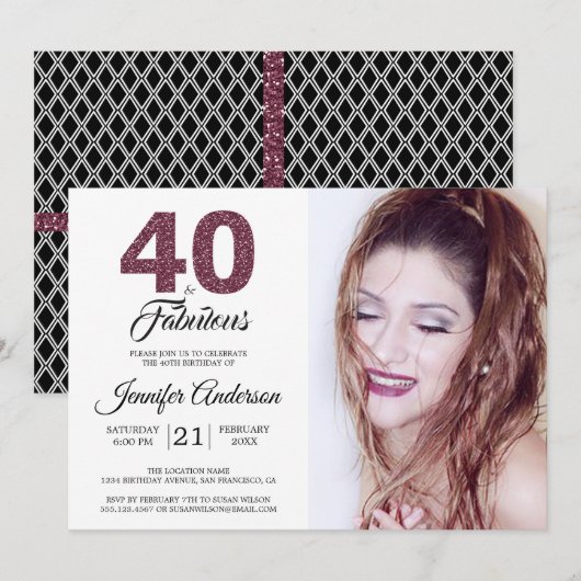 Burgundy 40 en Fabulous 40e verjaardag foto Kaart (Voorkant / Achterkant)
