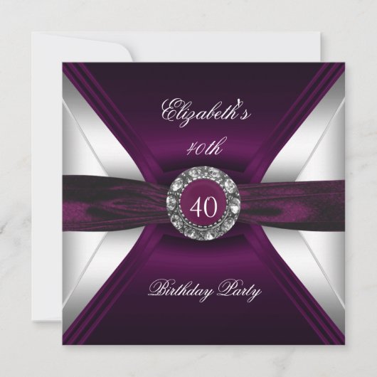 Burgundy 40th Birthday Diamond White Silver Party Kaart (Voorkant)