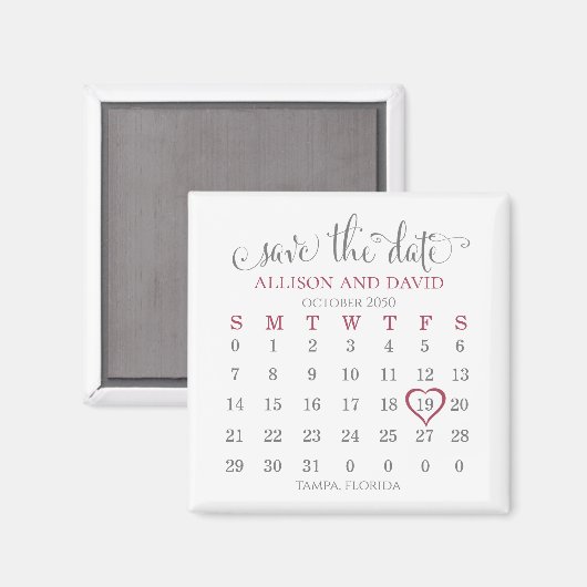 Burgundy 5 Rows Calendar Save the Date Wedding Magneet (Voorkant / Achterkant)