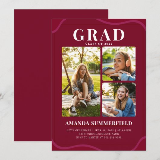 Burgundy Afstudeerder 3 Foto Collage Graduparty Kaart (Voorkant / Achterkant)