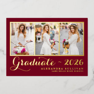 Burgundy Afstudeerklas van 2026 Fotocollage Afstud Folie Uitnodiging