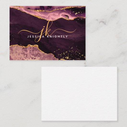 Burgundy Agate Geode Gold Glitter Script Monogram Notitiekaartje (Voorkant / Achterkant)