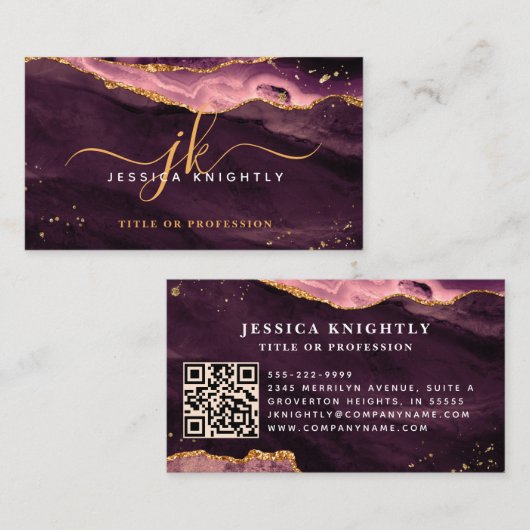 Burgundy Agate Geode Monogram Gold Script Visitekaartje (Voorkant / Achterkant)