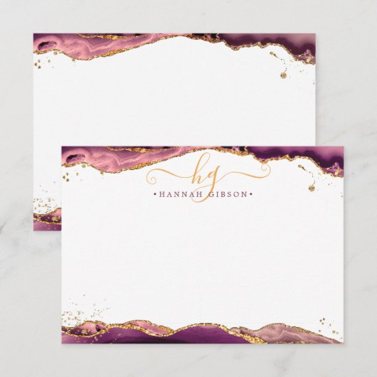 Burgundy Agate Geode Monogram Script Gold Glitter Notitiekaartje (Voorkant / Achterkant)