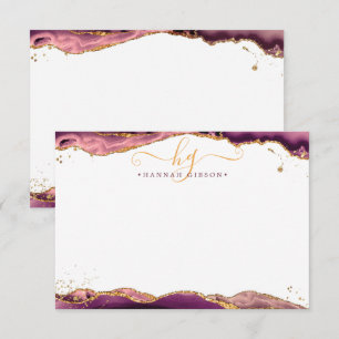 Burgundy Agate Geode Monogram Script Gold Glitter Notitiekaartje