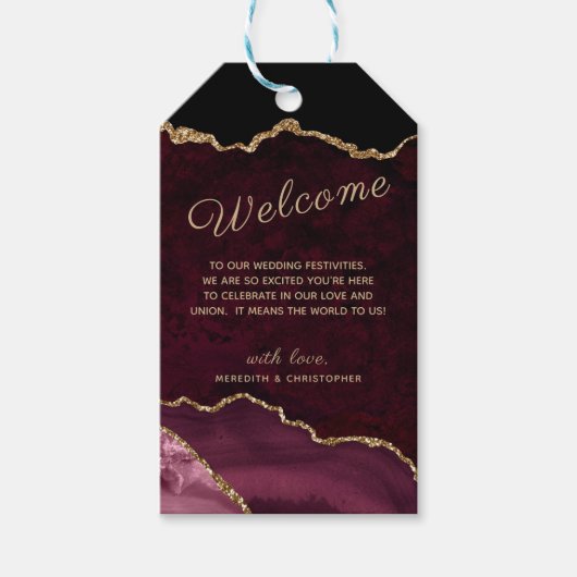 Burgundy Agate Gold Glitter Weddenschap Welkom Cadeaulabel (Voorkant)