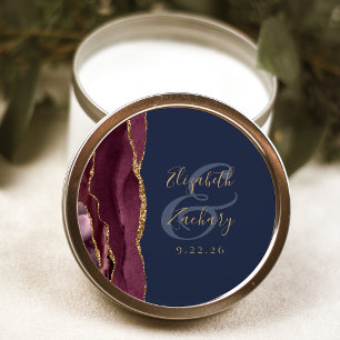 Burgundy Agate Navy Blauwe Gouden Trouwscript Ronde Sticker