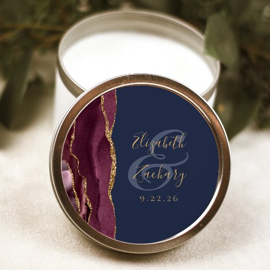 Burgundy Agate Navy Blauwe Gouden Trouwscript Ronde Sticker