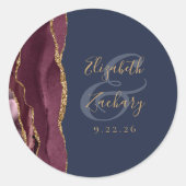 Burgundy Agate Navy Blauwe Gouden Trouwscript Ronde Sticker (Voorkant)