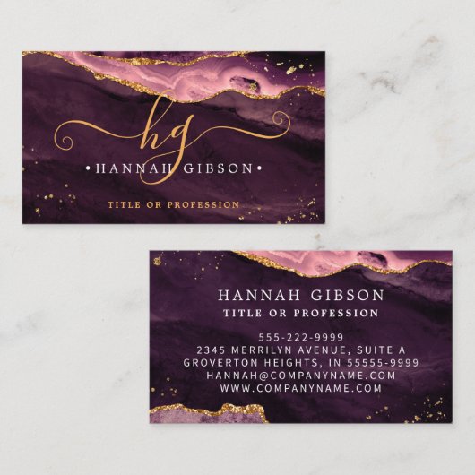 Burgundy Agate Script Monogram Faux Gold Glitter Visitekaartje (Voorkant / Achterkant)