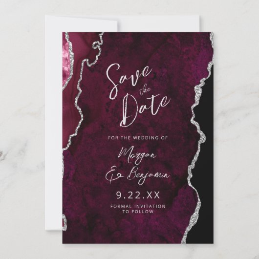 Burgundy Agate Silver Script Wedding Save the Date Kaart (Voorkant)