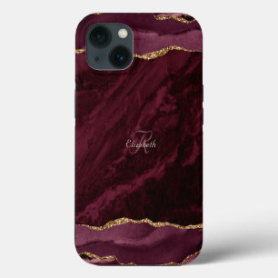 Burgundy Agate Waterverf Gouden Monogram iPhone 13 Hoesje