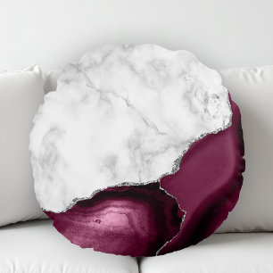 Burgundy Agate White Marble Silver Glitter Rond Kussen