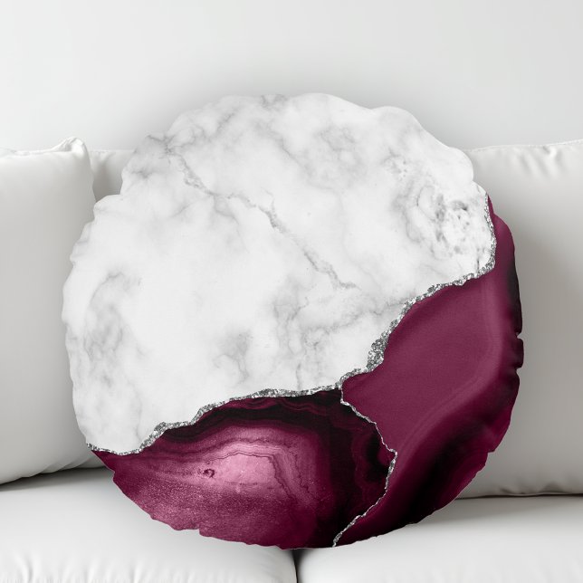 Burgundy Agate White Marble Silver Glitter Rond Kussen (Creator heeft geüpload)
