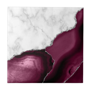 Burgundy Agate Zilver Glitter Witte Marmer Tegeltje