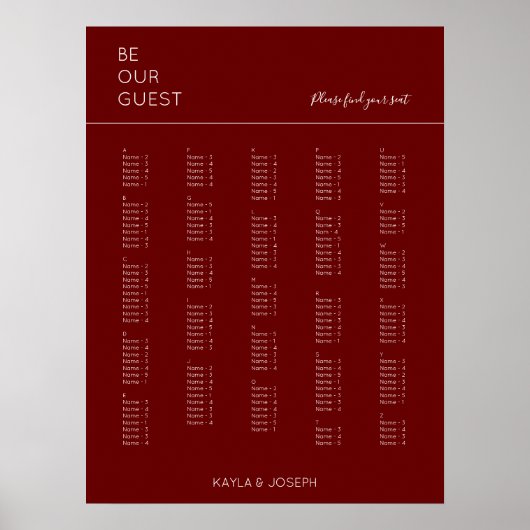 Burgundy Alfabetical Wedding Seating Chart Poster (Voorkant)