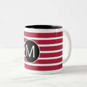 Burgundy and Black Striped Monogram Tweekleurige Koffiemok (Voorkant rechts)