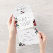 Burgundy and Blue Wedding w/ Perforated RSVP All In One Uitnodiging (Afscheurbaar)