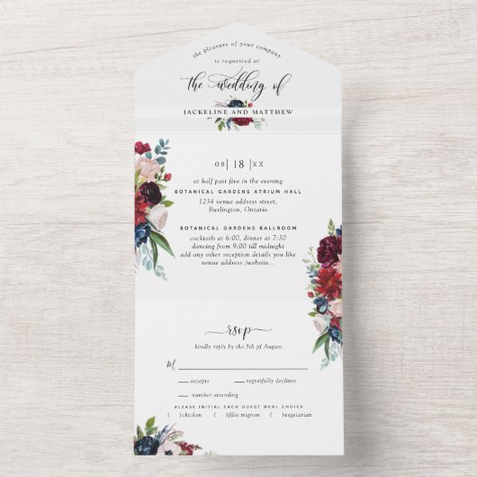 Burgundy and Blue Wedding w/ Perforated RSVP All In One Uitnodiging (Binnen)