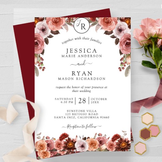 Burgundy and Blush, Monogram Floral Wedding Kaart