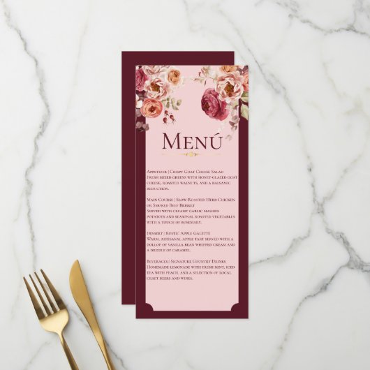 Burgundy and Blush Pink Floral Wedding Menu Card (Voorkant / Achterkant in situ)