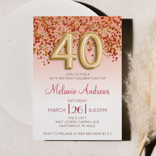 Burgundy and Gold 40th Birthday Party Invitation Kaart