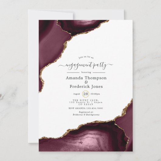 Burgundy and Gold Agate Engagement Party Kaart (Voorkant)
