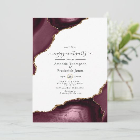 Burgundy and Gold Agate Engagement Party Kaart (Staand voorkant)