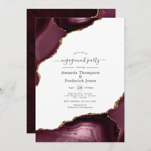 Burgundy and Gold Agate Engagement Party Kaart (Voorkant / Achterkant)