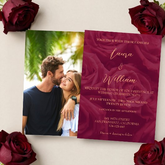Burgundy and gold elegant picture wedding  kaart