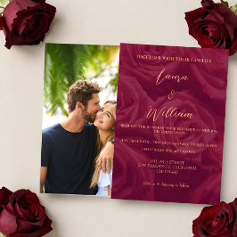 Burgundy and gold elegant picture wedding   kaart