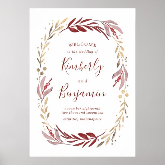 Burgundy and Gold Elegant Wedding Welcome Sign Poster (Voorkant)