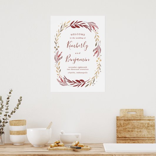 Burgundy and Gold Elegant Wedding Welcome Sign Poster (Keuken)