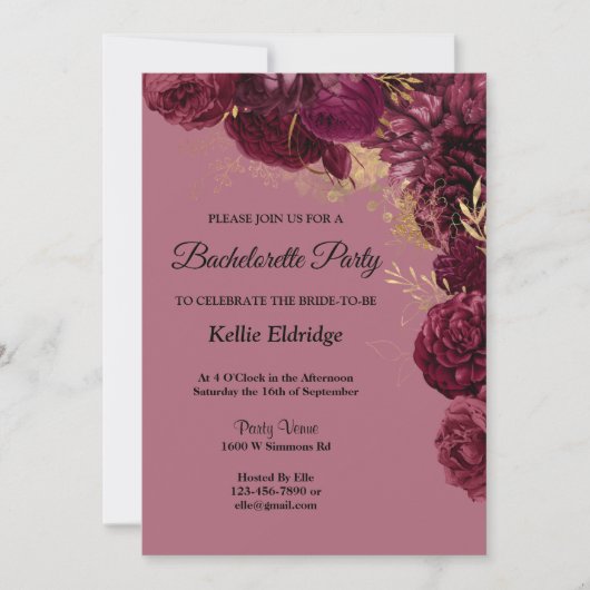 Burgundy and Gold Floral Bachelorette Party Kaart (Voorkant)