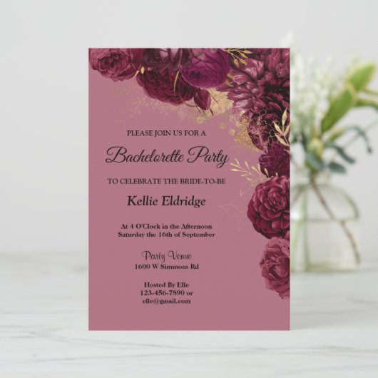 Burgundy and Gold Floral Bachelorette Party Kaart (Staand voorkant)