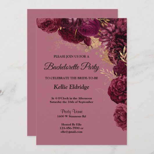 Burgundy and Gold Floral Bachelorette Party Kaart (Voorkant / Achterkant)