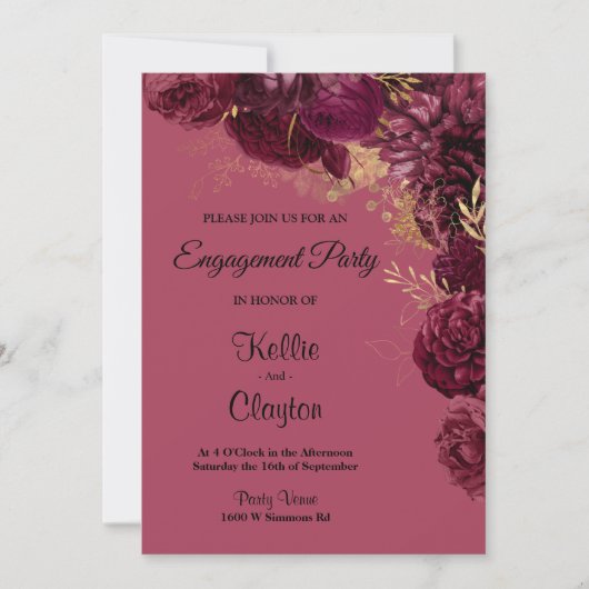 Burgundy and Gold Floral Engagement Party Kaart (Voorkant)