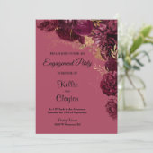 Burgundy and Gold Floral Engagement Party Kaart (Staand voorkant)