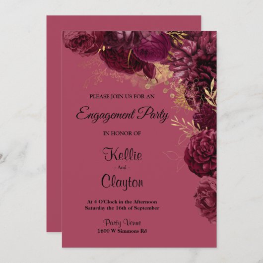 Burgundy and Gold Floral Engagement Party Kaart (Voorkant / Achterkant)