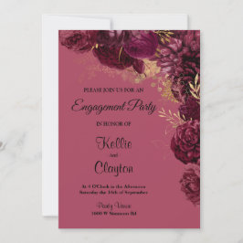 Burgundy and Gold Floral Engagement Party Kaart
