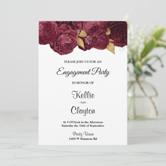 Burgundy and Gold Floral Engagement Party Kaart (Staand voorkant)