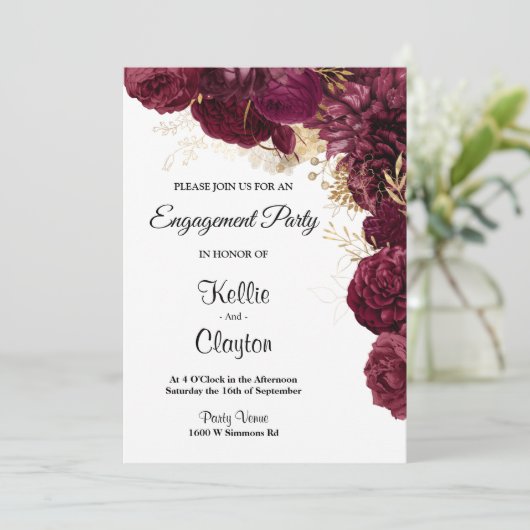 Burgundy and Gold Floral Engagement Party Kaart (Staand voorkant)