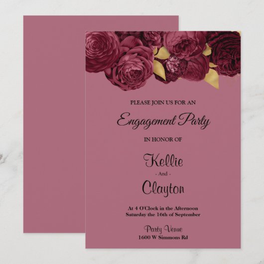 Burgundy and Gold Floral Engagement Party Kaart (Voorkant / Achterkant)