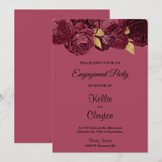 Burgundy and Gold Floral Engagement Party Kaart (Voorkant / Achterkant)