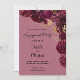 Burgundy and Gold Floral Engagement Party Kaart