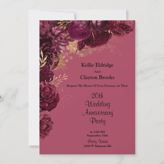 Burgundy and Gold Floral Wedding Jubileum Party Kaart (Voorkant)