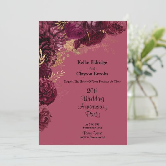 Burgundy and Gold Floral Wedding Jubileum Party Kaart (Staand voorkant)