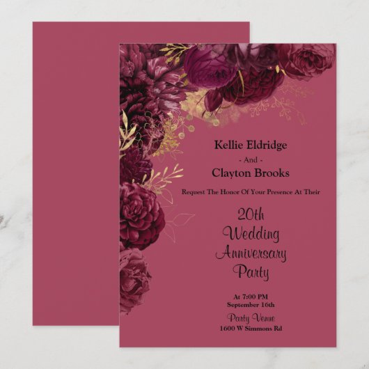 Burgundy and Gold Floral Wedding Jubileum Party Kaart (Voorkant / Achterkant)