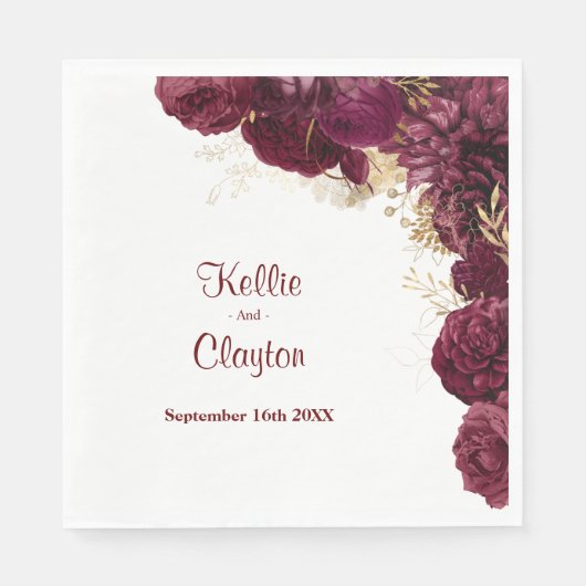 Burgundy and Gold Floral Wedding Napkins Servet (Voorkant)